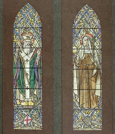 Design for stained glass windows depicting St. Patrick and St. Bridget in the Chapel of the Scottish Saints in Fort Augustus Abbey, Loch Ness by Paul Vincent Woodroffe